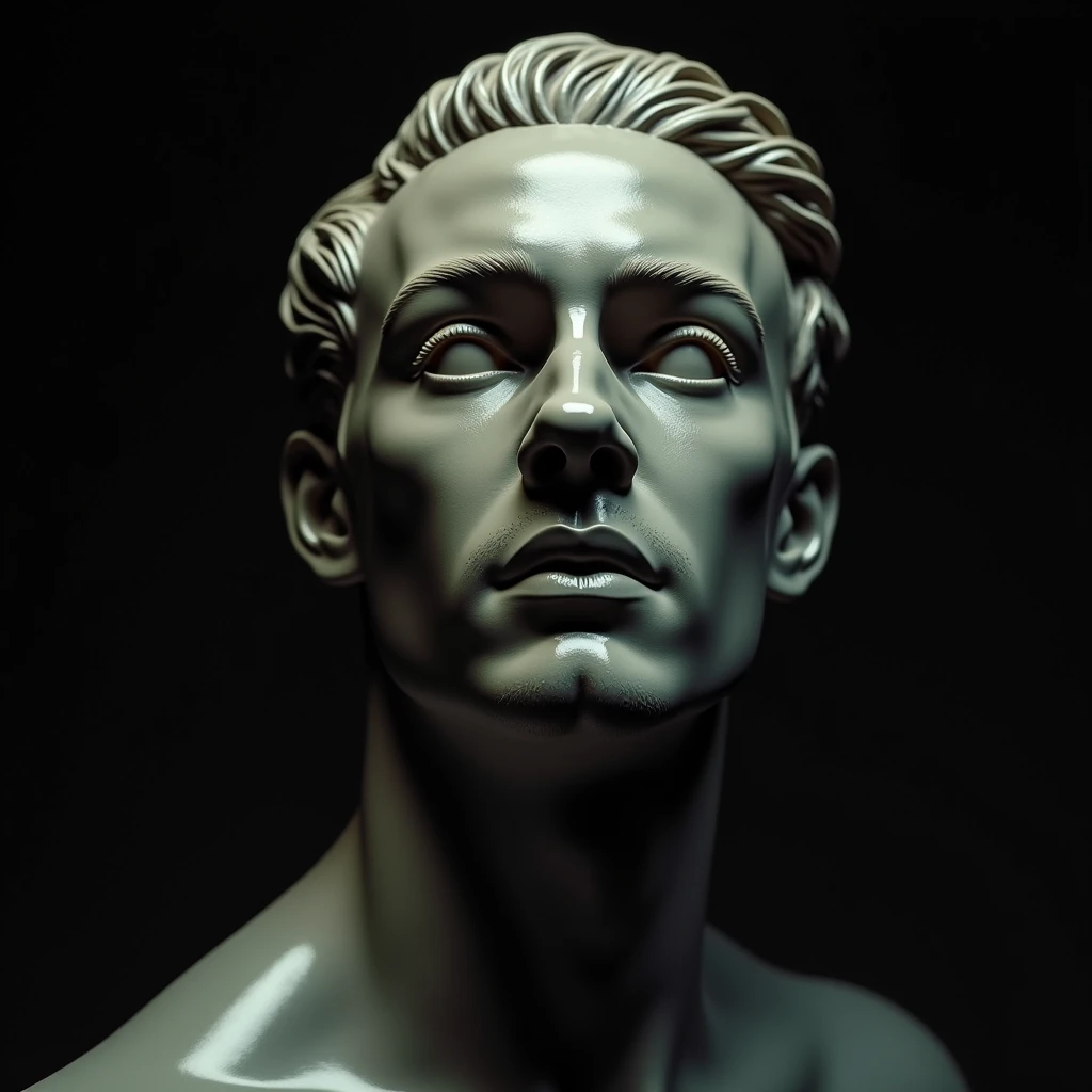 A close-up shot of a ceramic bust of a human, capturing the intricate details of the face, including deep-set eyes, a strong jawline, and realistic hair texture. The bust is finished with a matte, bronze-like glaze that gives it an ancient, timeless feel. The background is a dark, moody setting with soft, directional lighting that emphasizes the sculptural details and expressions.
