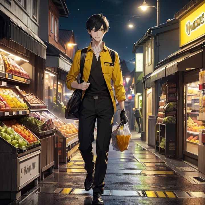 Anime Style, Character Design, HD, Best Quality, Masterpiece, High Details, High resolution, fantasy, carefully detailed, no deformities, character alone.
{{(1character: a 22 young man civilian:(pale skin, short black hair, he stands 1,88 meters tall, slender body complexion, green eyes, short nose, thin lips,),(yellow shirt, black gloves, grey pants),(kind smile, walking carefree around, carrying a white bag with supermarket food and products),(night time, dark night sky, highly iluminated street, norway fantasy city version, colorful houses, colorful shops, colorful floor))}}