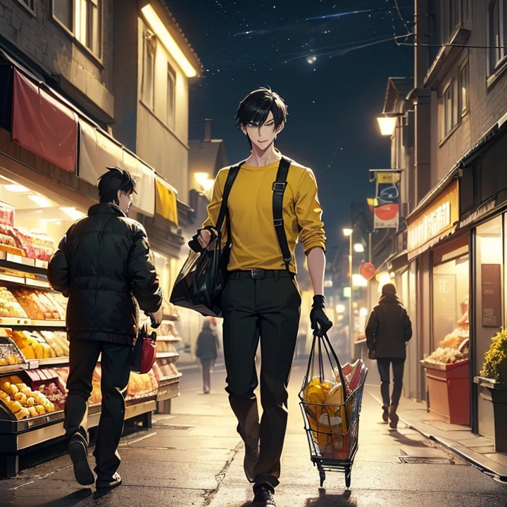 Anime Style, Character Design, HD, Best Quality, Masterpiece, High Details, High resolution, fantasy, carefully detailed, no deformities, character alone.
{{(1character: a 22 young man civilian:(pale skin, short black hair, he stands 1,88 meters tall, slender body complexion, green eyes, short nose, thin lips,),(yellow shirt, black gloves, grey pants),(kind smile, walking carefree around, carrying a white bag with supermarket food and products),(night time, dark night sky, highly iluminated street, norway fantasy city version, colorful houses, colorful shops, colorful floor))}}