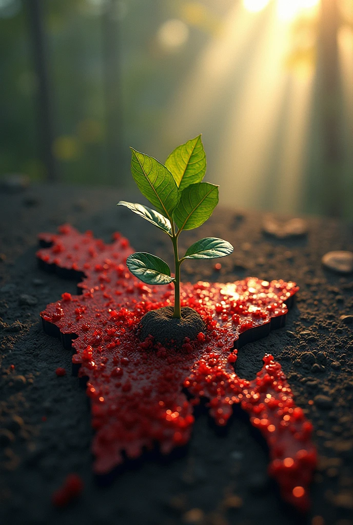 From the left side, the bloody map of Bangladesh is covered with blood on a sapling in the middle of the picture, and on the right, sunlight is falling on the sapling.