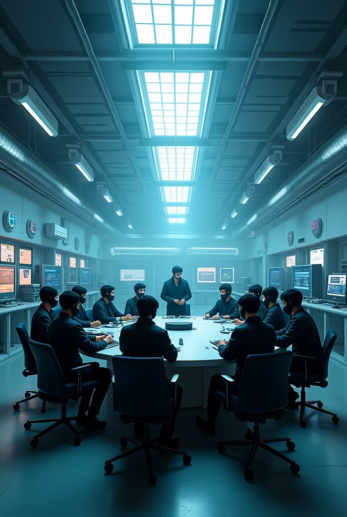 picture of 10 handsome young Indonesian hackers meeting in a very spacious, sophisticated laboratory full of very sophisticated tools, sophisticated computers, sophisticated robots and other very useful tools. In the laboratory there are hackers dressed in black jackets and wearing masks they were sitting around a round table and one of them was standing and talking and around them there were sophisticated, armed robots guarding them and escorting them and in the laboratory there was a lamp that shone a beautiful light blue in the style of the times sophisticated front
