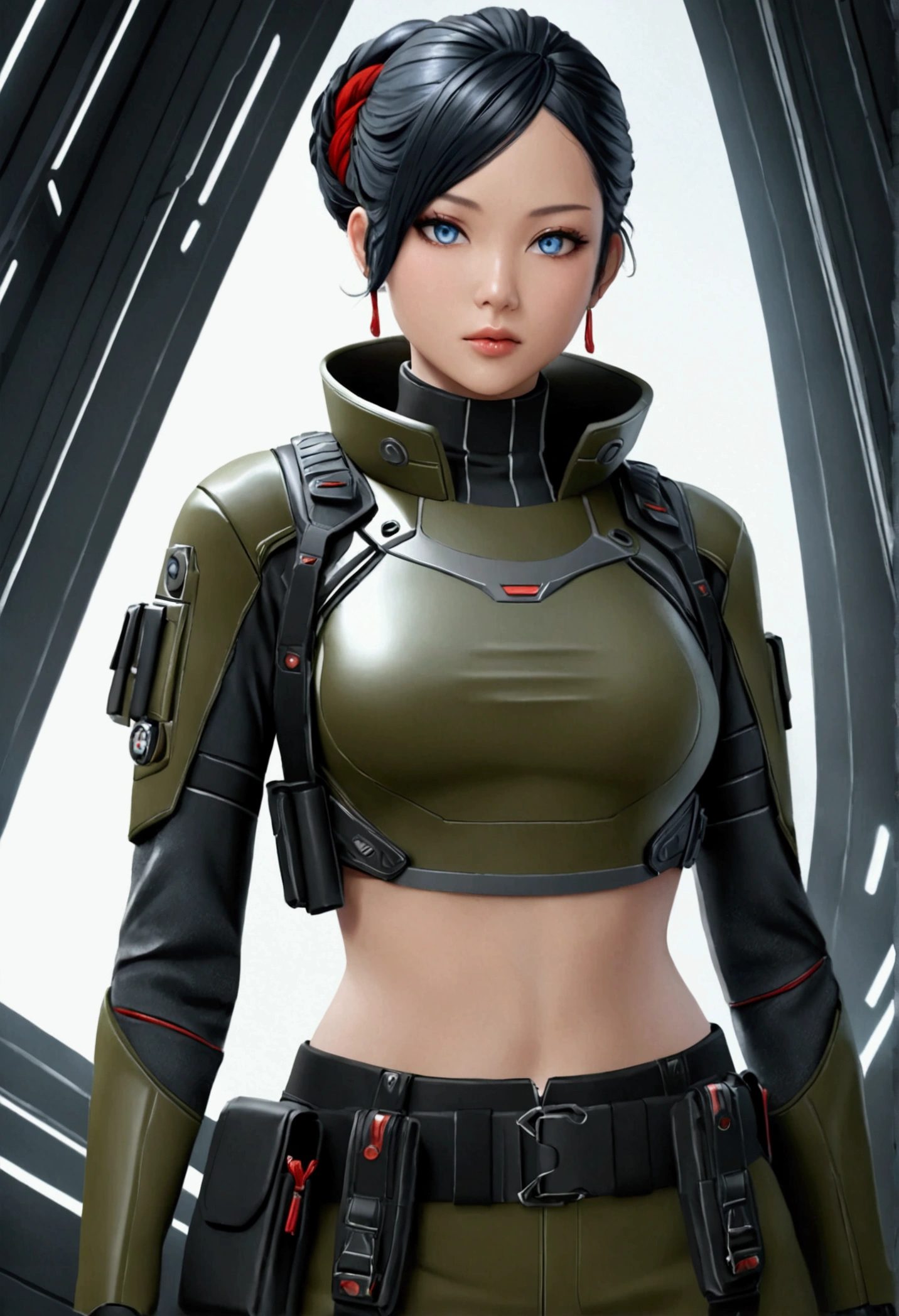 Create a hyper-realistic 3D rendering of a futuristic female soldier character. She should have striking Asian features with intense blue eyes and a confident expression. Her jet-black hair should be styled in an elaborate updo with a red hair tie, loose strands framing her face. Dress her in a cropped military jacket in olive green with black and red accents. The jacket should feature multiple straps, patches, and tech-inspired details. Pair this with form-fitting black pants and a utility belt with various pouches and gadgets. Add intricate details like a small tattoo on her midriff, black stud earrings, and arm guards. Her skin should have a slight sheen, emphasizing the 3D quality. Use dramatic lighting to create depth and highlight the textures of her outfit and skin. The background should be a gradient of cool greys, focusing attention on the character. Employ advanced 3D rendering techniques to achieve photorealistic textures, especially in the fabric of her clothing and the shine of the metallic elements. The overall aesthetic should blend military practicality with futuristic sci-fi elements, creating a compelling and dynamic character design.