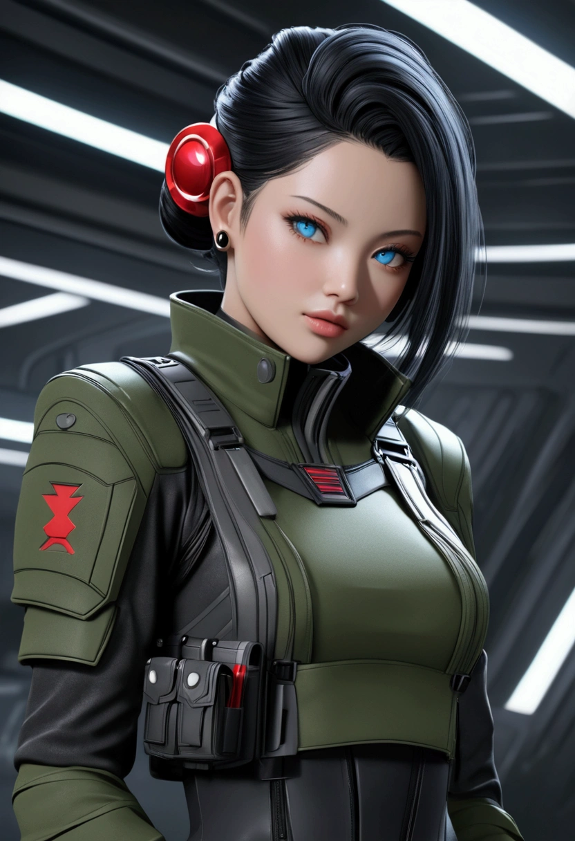 Create a hyper-realistic 3D rendering of a futuristic female soldier character. She should have striking Asian features with intense blue eyes and a confident expression. Her jet-black hair should be styled in an elaborate updo with a red hair tie, loose strands framing her face. Dress her in a cropped military jacket in olive green with black and red accents. The jacket should feature multiple straps, patches, and tech-inspired details. Pair this with form-fitting black pants and a utility belt with various pouches and gadgets. Add intricate details like a small tattoo on her midriff, black stud earrings, and arm guards. Her skin should have a slight sheen, emphasizing the 3D quality. Use dramatic lighting to create depth and highlight the textures of her outfit and skin. The background should be a gradient of cool greys, focusing attention on the character. Employ advanced 3D rendering techniques to achieve photorealistic textures, especially in the fabric of her clothing and the shine of the metallic elements. The overall aesthetic should blend military practicality with futuristic sci-fi elements, creating a compelling and dynamic character design.