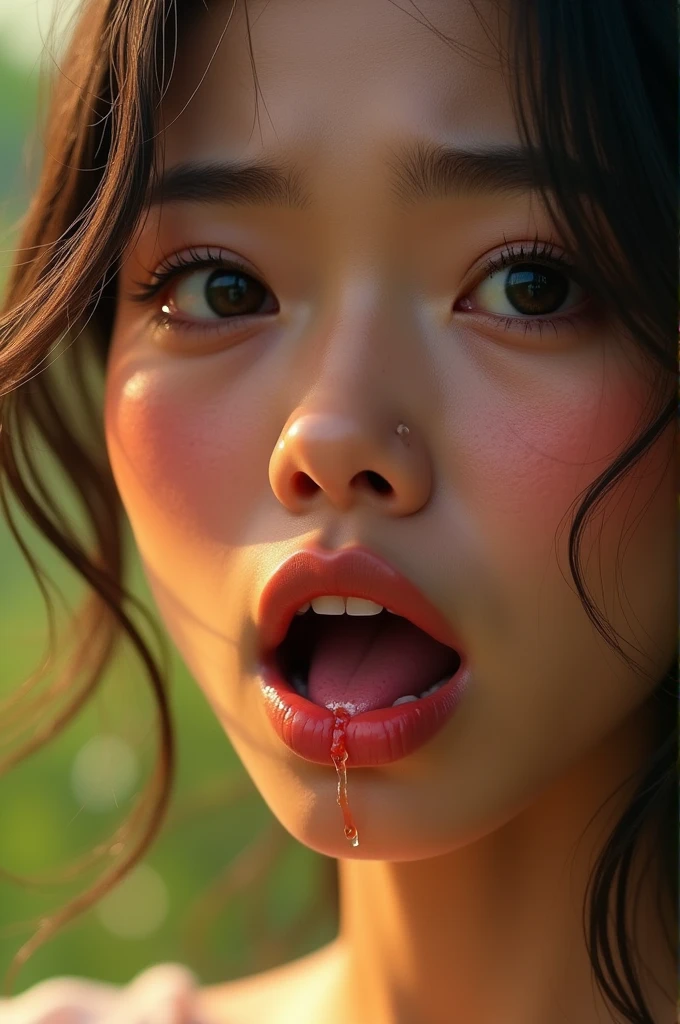 a close up of a woman with a surprised look on her face, reddit, gorgeous young Indonesian woman, crying eyes closed!, huge juicy lips, dripping saliva, julia sarda, professional, noon, parody work, facial, irelia, handsome girl, sweating, with high cheekbones, soft facial features, yawning, painful, sweaty
