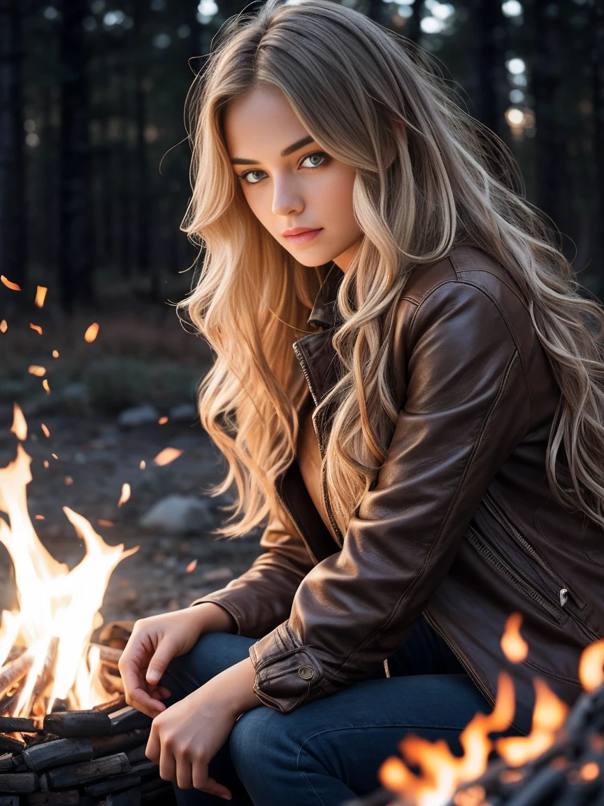 1 girl, age24, long wavy blond hair, tousled hair from the wind, Whole body, sit around the campfire, Wears brown leather coat, dark blue jeans, (Extremely detailed 8k background image), Atmospheric lighting, good quality, film grain, Fujifilm XT3 sharp focus, f 5.6, 50mm, high detail, sharp focus, Atmospheric lighting, night time, (seductive), realistic, crazy details, complex details, hyper-detailed