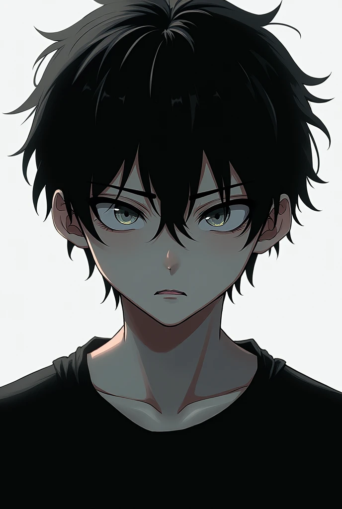 Boy with black hair is tall and serious, he is 2, he has white eyes, his gaze is dark and bright at the same time, he has white skin, he is looking straight ahead and has a serious face, he is affectionate and cold at the same time, digital illustration of video game characters, make it manly, he has a black shirt and is more manly