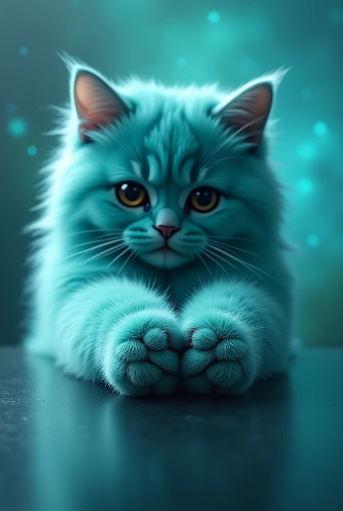 create a turquoise cat, realisitic, fluffly, he has his paws in front, leaning on the image, the paws are in front, zoom na pata, the paws touch the camera lens, paw touches the glass screen, leg on glass,  the cat&#39;s face is blurred, the cat is behind, blurred in the background, nblurry background, gato fluffly, glad, super realisitic, high realism, the background is turquoise galaxy showing its paws to the viewer,  paw art, perfect paw, cat cushions, turquoise galaxy background