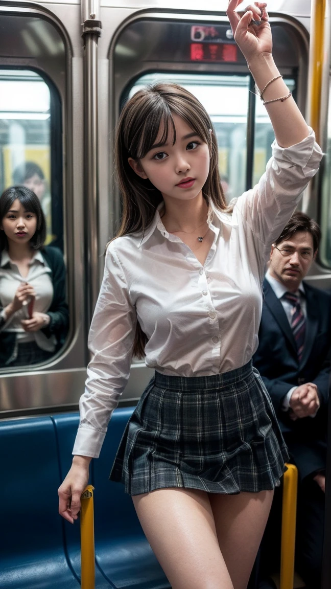 masterpiece, Highest quality, 8k, Young and beautiful girl, Baby Face、The clothes are big、photo shoot, Cute Face, Thighs, (((Many men、Crowded train、in the train、Surrounded by men、be impressed、Crazy behavior))) (((Embarrassing)))、Embarrassing、No makeup, 10 generations, Detailed face, Background Blur、Tight waist、((((School uniforms、White shirt、Checked mini skirt、Lift up your skirt、Showing pussy、Show me your pussy)))), short hair、Light brown hair、((痛みに耐えながら自分でLift up your skirtください..))、Bright classroom、Thighs、Spread your legs、short hair、(Droopy eyes、Round face、cute)、((Many Hands、Iの全身に触れてください))、(Please be molested by many men、I&#39;I was molested from behind)、genital、(Touching the body、chestをこすった、Having your groin touched、Many Handsに、Touching pussy)、(((Men hugging each other、Many menが後ろから抱きしめている、Men, please pet the girls.&#39; chest)))