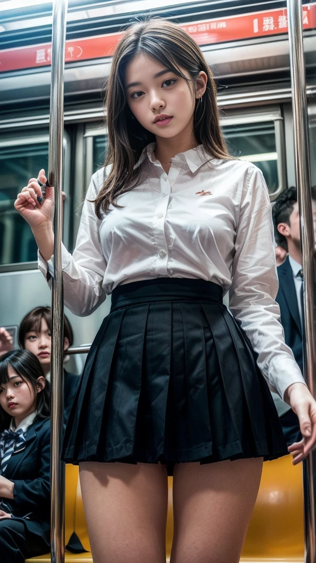 masterpiece, Highest quality, 8k, Young and beautiful girl, 、The clothes are big、photo shoot, Cute Face, Thighs, (((Many men、Crowded train、in the train、Surrounded by men、be impressed、Crazy behavior))) (((Embarrassing)))、Embarrassing、No makeup, 10 generations, Detailed face, Background Blur、Tight waist、((((School uniforms、White shirt、Checked mini skirt、Lift up your skirt、Showing pussy、Show me your pussy)))), short hair、Light brown hair、((痛みに耐えながら自分でLift up your skirtください..))、Bright classroom、Thighs、Spread your legs、short hair、(Droopy eyes、Round face、cute)、((Many Hands、Iの全身に触れてください))、(Please be molested by many men、I&#39;I was molested from behind)、genital、(Touching the body、chestをこすった、Having your groin touched、Many Handsに、Touching pussy)、(((Men hugging each other、Many menが後ろから抱きしめている、Men, please pet the girls.&#39; chest)))