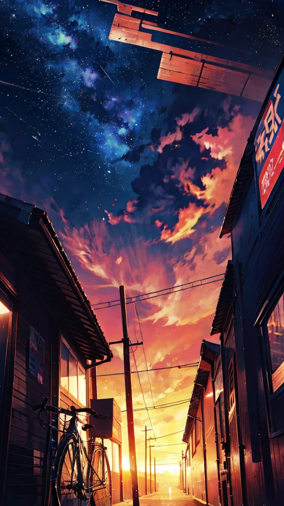 station、home、There is a bicycle parking lot with many bicycles parked.、appear、train、Urban townscape、anime, プラットhome, the stars, , the milky, the stars, the, cosmic skies. by makoto shinkai, anime sky, anime art wallpaper 4 k, anime art wallpaper 4k, anime art wallpaper 8 k, amazing wallpaper, with the sky full of stars