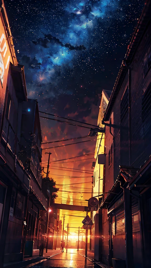 station、home、There is a bicycle parking lot with many bicycles parked.、appear、train、Urban townscape、anime, プラットhome, the stars, , the milky, the stars, the, cosmic skies. by makoto shinkai, anime sky, anime art wallpaper 4 k, anime art wallpaper 4k, anime art wallpaper 8 k, amazing wallpaper, with the sky full of stars