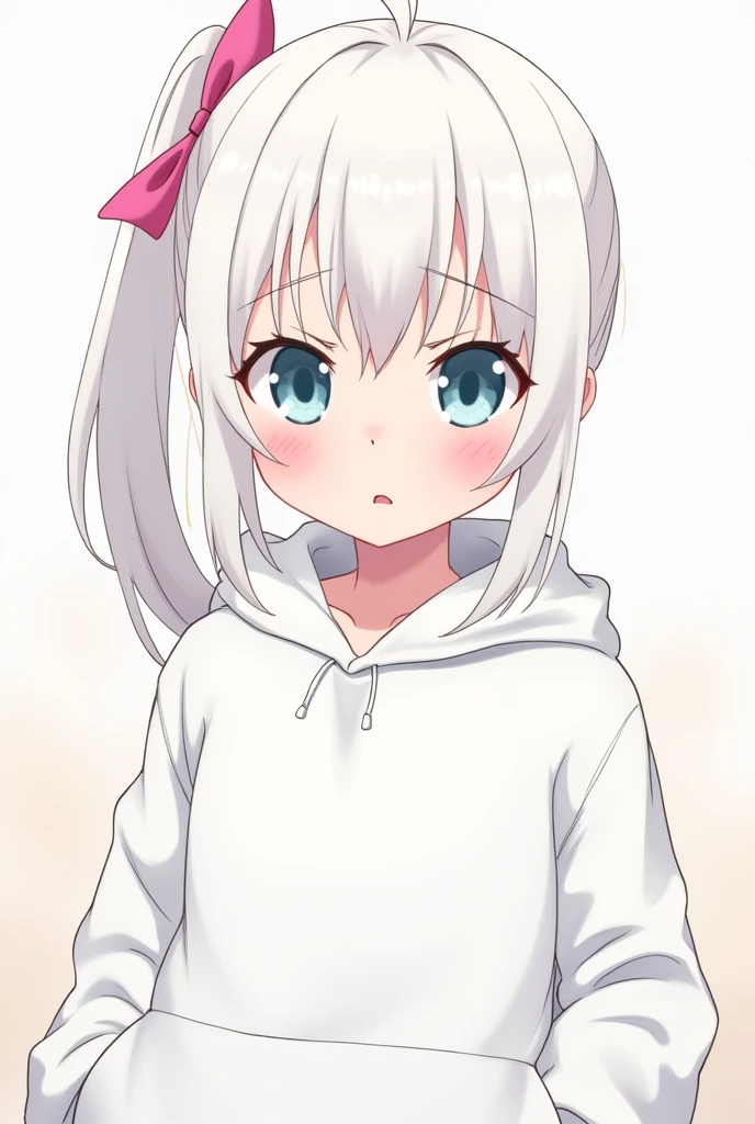 White hair, angry face, blushing, girl, long hair, side ponytail tied with a pink ribbon, light blue eyes, large white hoodie, little sister personality, anime, full body shot