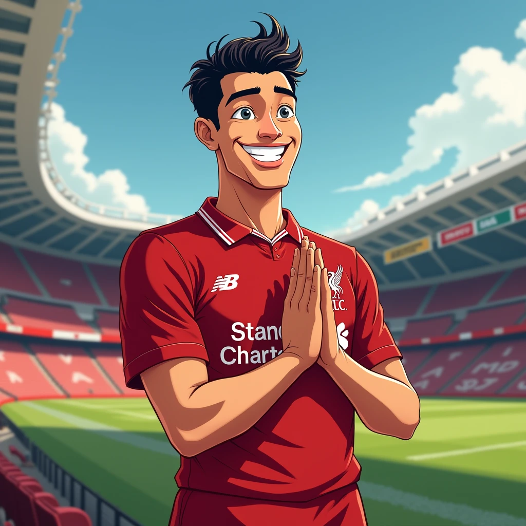 A man smiles in a manga style, bows in a Thai way and wears a Liverpool shirt. Standing in a cartoon style. High quality dynamic photo, detailed and colorful. Realistic and colorful poses. The background is Andfield Stadium.