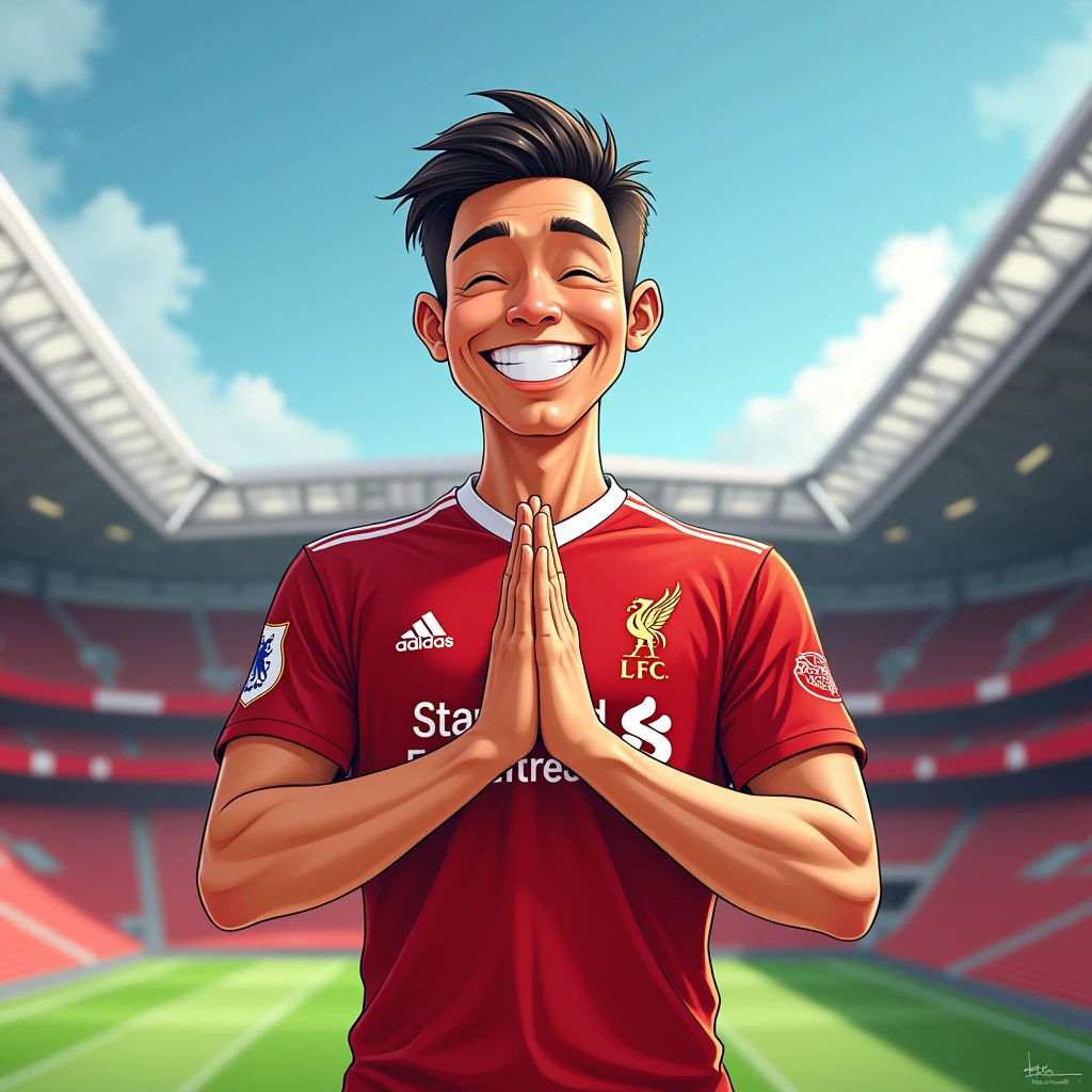 A man smiles in a manga style, bows in a Thai way and wears a Liverpool shirt. Standing in a cartoon style. High quality dynamic photo, detailed and colorful. Realistic and colorful poses. The background is Andfield Stadium.