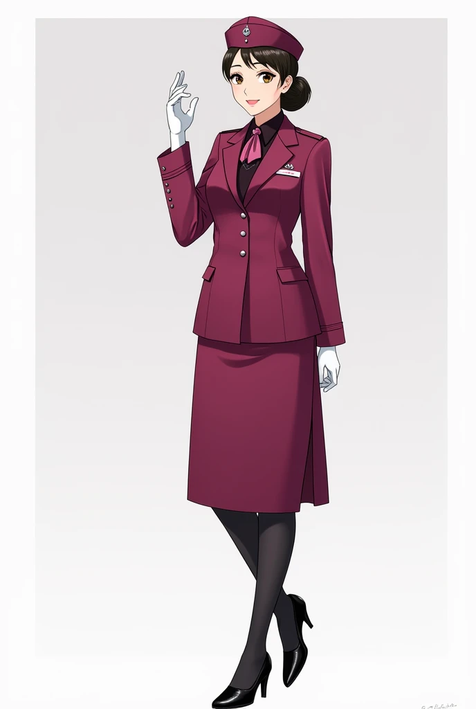 Uniform for stewardess with long-sleeved blazer and skirt with slit on the left leg in magenta and white colors, white gloves, black tights and black heels with hat and scarf