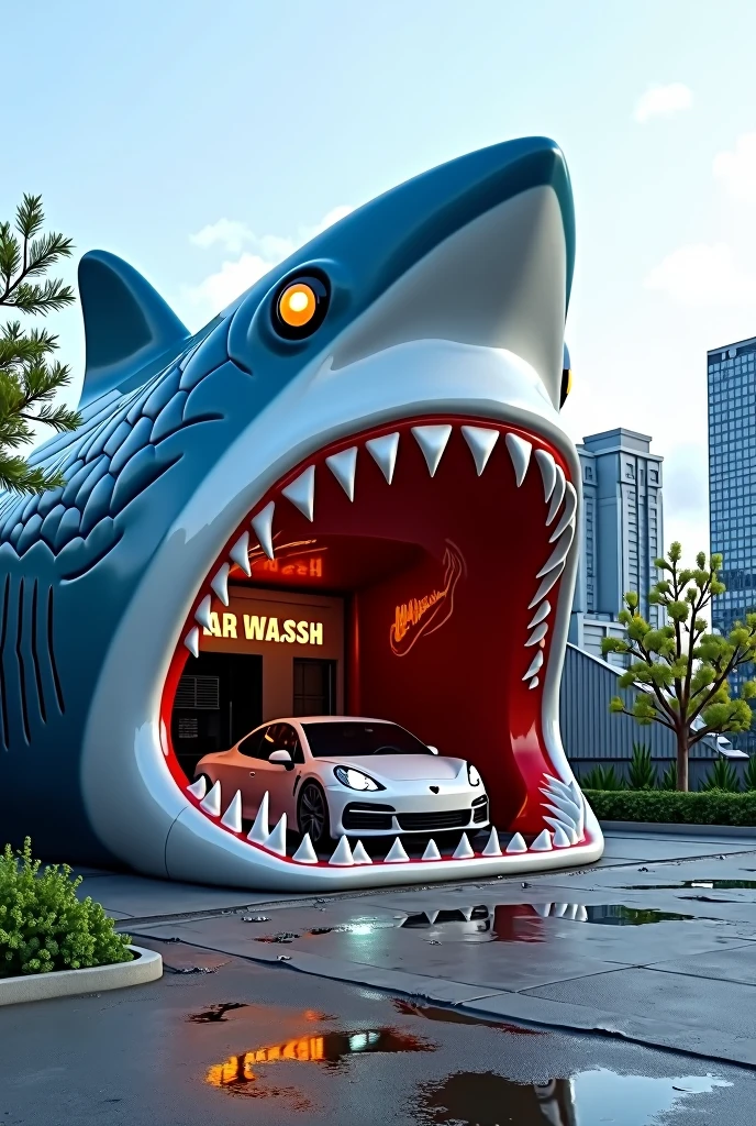 A car wash business with a shark with its mouth open as the store&#39;s facade 
