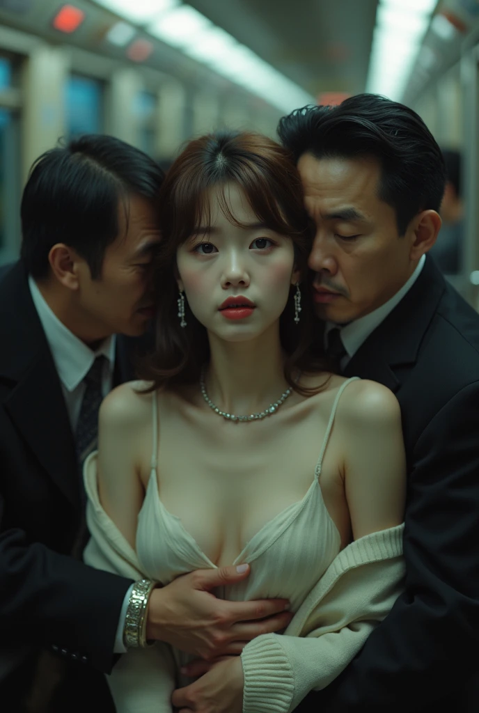 32K:1.9, Description of horror:1.9, top quality, masterpiece, ultra high resolution, Professional random angle camera work:1.5, Very detailed인 피부와 얼굴 텍스처:1.4), Always accurate, Very detailed, bag, (cute japanese woman, Camisole dress and cardigan:1.6, Incredibly slim body:1.3, Areola not visible:1.4, Big breasts on the verge of collapse), ((ten thousand won train:2.0, Crazy behavior:1.9, On the train、Two middle-aged men hugging a woman from behind:1.7)), belt, white skin, elegance, Cleanliness, thin eyebrows, (weeping:1.0, Embarrassed:1.0, An expression that shows deep contempt for you.:1.0, Big eyes that radiate beautiful eroticism:0.4, Open your mouth a little, lipstick, Experience beautiful eroticism:1.0, dark brown medium hair), earring, necklace, bracelet, Romantic, mystery, Admiring the object, Original, Dramatic, artistic, Innovative, attractiveness, Sincerely, splendor, Tilt, Loss of feeling, Special, ((Exciting, Extreme, Openness, pain, pain의 표현)), ((Mistakes of Youth, 여성적 attractiveness))
information