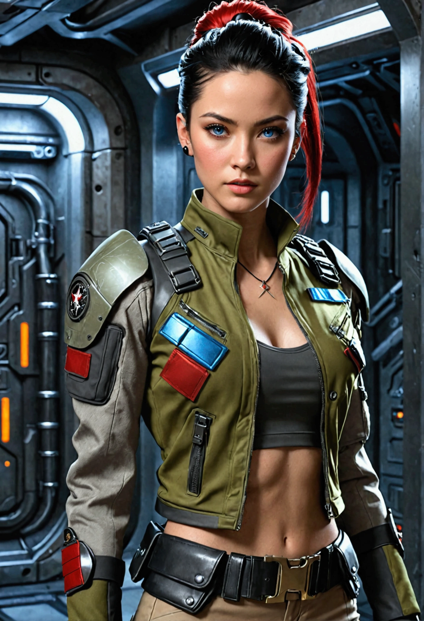 Create a hyper-realistic 3D rendering of a futuristic female soldier character. She should have striking Asian features with intense blue eyes and a confident expression. Her jet-black hair should be styled in an elaborate updo with a red hair tie, loose strands framing her face. Dress her in a cropped military jacket in olive green with black and red accents. The jacket should feature multiple straps, patches, and tech-inspired details. Pair this with form-fitting black pants and a utility belt with various pouches and gadgets. Add intricate details like a small tattoo on her midriff, black stud earrings, and arm guards. Her skin should have a slight sheen, emphasizing the 3D quality. Use dramatic lighting to create depth and highlight the textures of her outfit and skin. The background should be a gradient of cool greys, focusing attention on the character. Employ advanced 3D rendering techniques to achieve photorealistic textures, especially in the fabric of her clothing and the shine of the metallic elements. The overall aesthetic should blend military practicality with futuristic sci-fi elements, creating a compelling and dynamic character design.