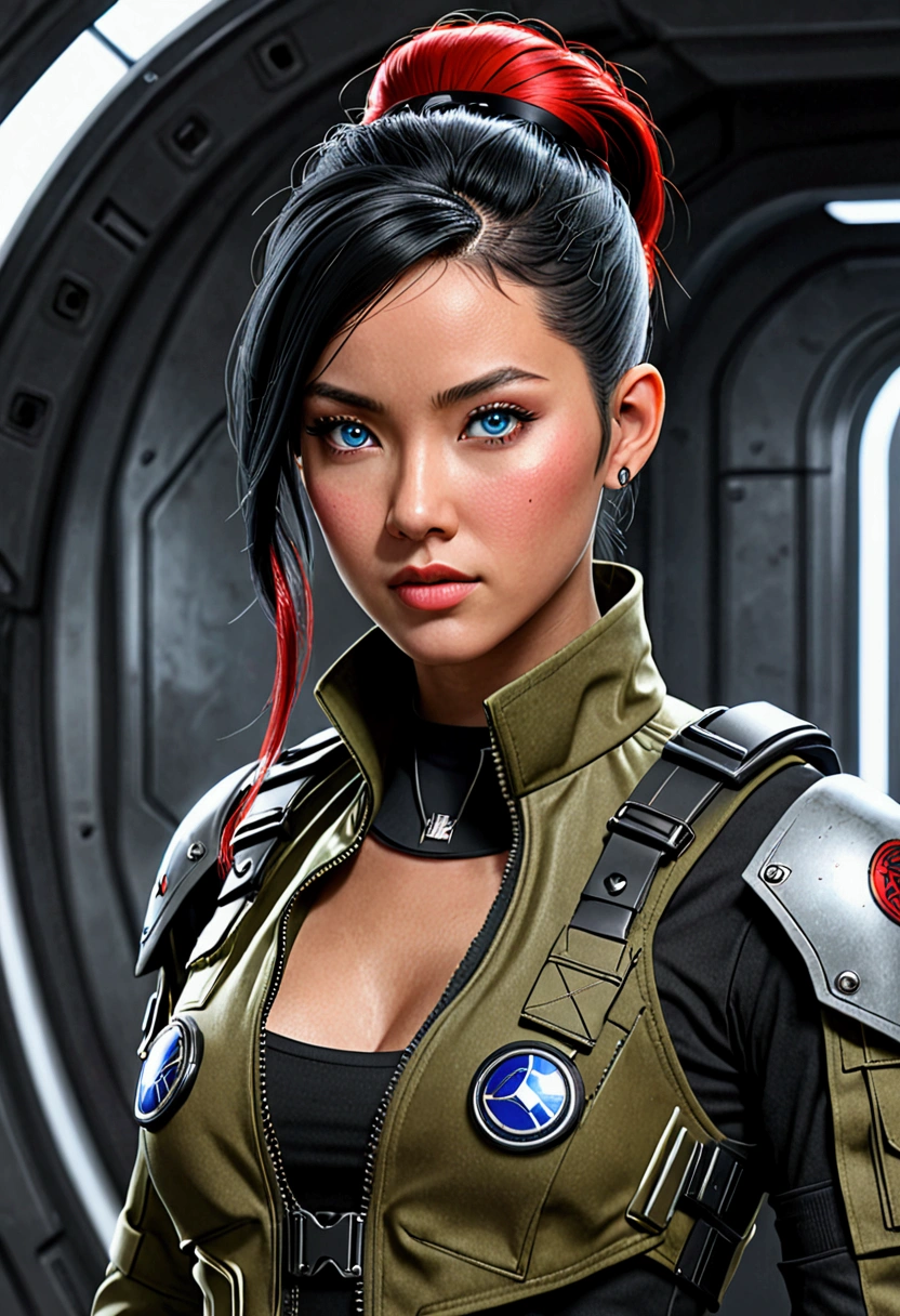 Create a hyper-realistic 3D rendering of a futuristic female soldier character. She should have striking Asian features with intense blue eyes and a confident expression. Her jet-black hair should be styled in an elaborate updo with a red hair tie, loose strands framing her face. Dress her in a cropped military jacket in olive green with black and red accents. The jacket should feature multiple straps, patches, and tech-inspired details. Pair this with form-fitting black pants and a utility belt with various pouches and gadgets. Add intricate details like a small tattoo on her midriff, black stud earrings, and arm guards. Her skin should have a slight sheen, emphasizing the 3D quality. Use dramatic lighting to create depth and highlight the textures of her outfit and skin. The background should be a gradient of cool greys, focusing attention on the character. Employ advanced 3D rendering techniques to achieve photorealistic textures, especially in the fabric of her clothing and the shine of the metallic elements. The overall aesthetic should blend military practicality with futuristic sci-fi elements, creating a compelling and dynamic character design.