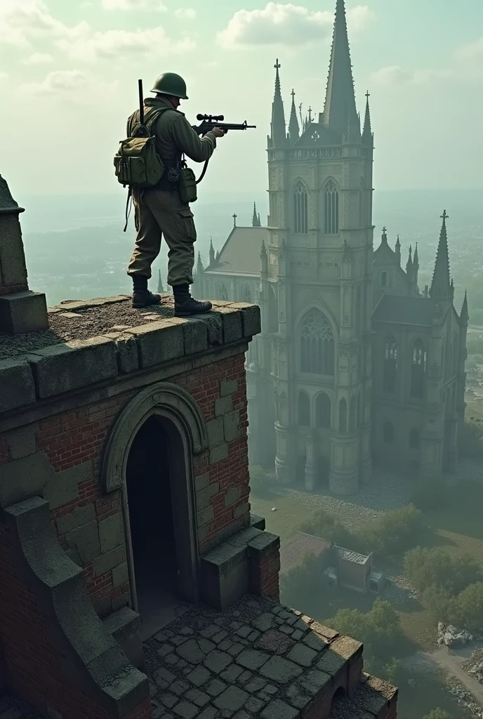 Create a destroyed cathedral with a sniper on a tower with a World War II atmosphere 