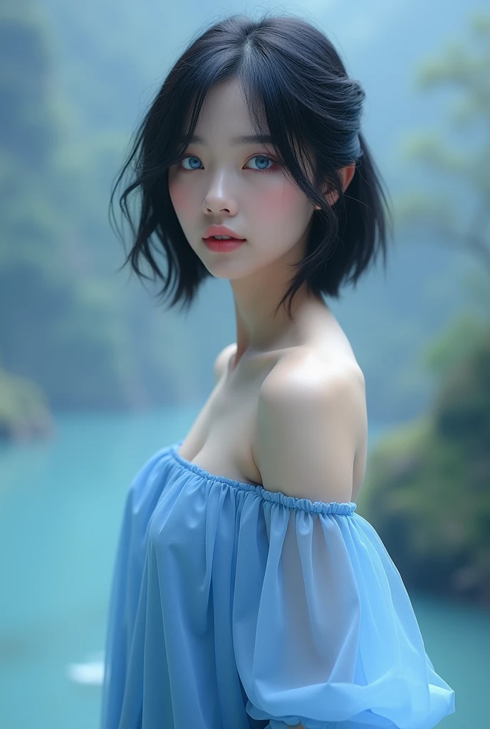 (photorealism:1.2), beautiful woman, cool colors, short straight hair, standing, wearing blue soft dress, Asian beauty, blue eyes