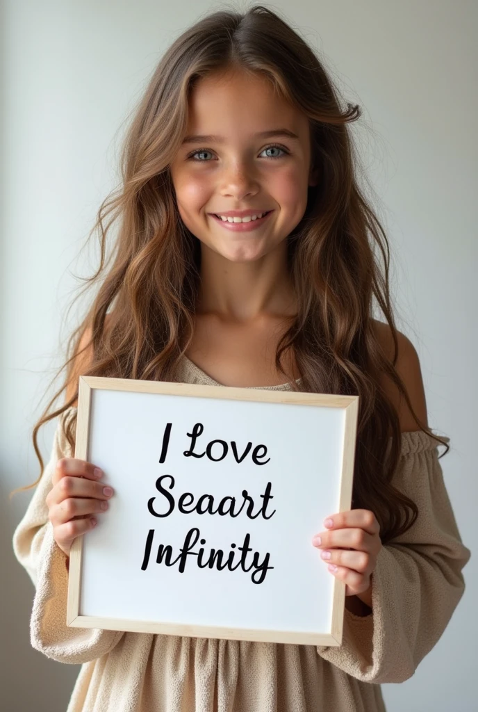 Beautiful girl with wavy long hair, bohemian dress, holding a white board with text "I Love Seaart Infinity" and showing it to the viewer