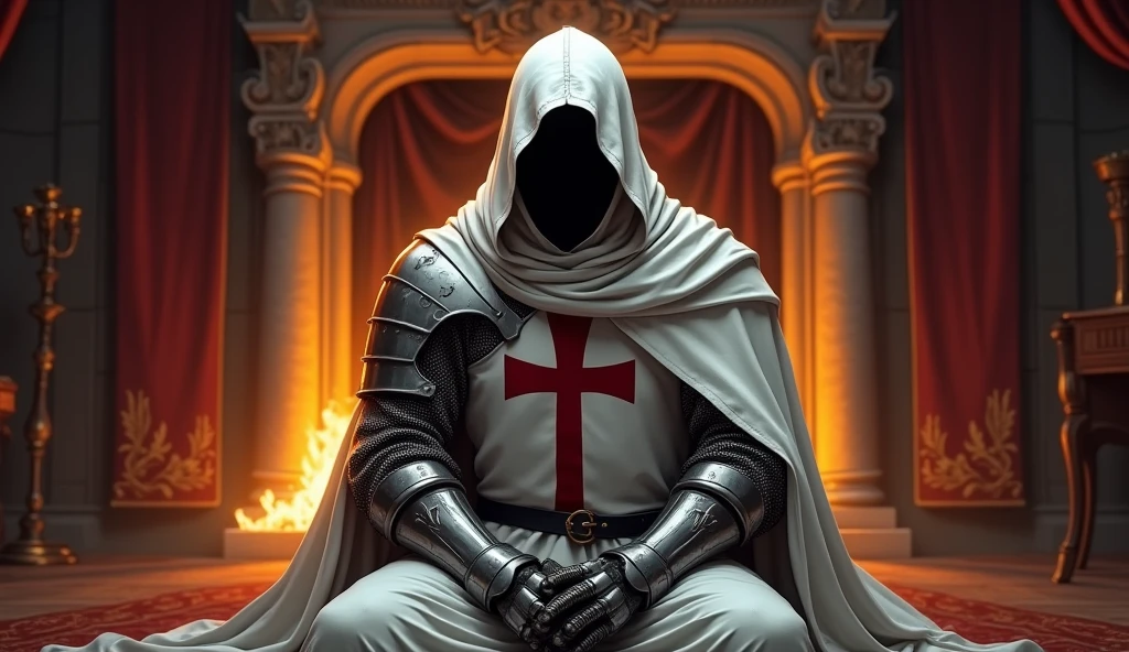 a Templar knight with a white cloak, a white hood leaving his face dark and a red cross on his chest, with a somber appearance, sitting facing forward, resting on the fireplace inside a luxurious castle, high quality, art, incredible lighting, illustration, luminous light:1.1 , perfect shading