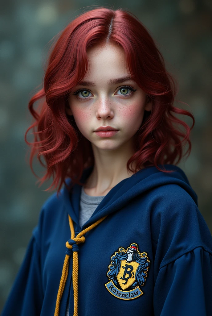 Hermione Granger inspired girl with medium length dark magenta red hair; with eyes that vary between green, gray and light brown; fair skin and blue Hogwarts wizarding robes of Ravenclaw house. realisitic.