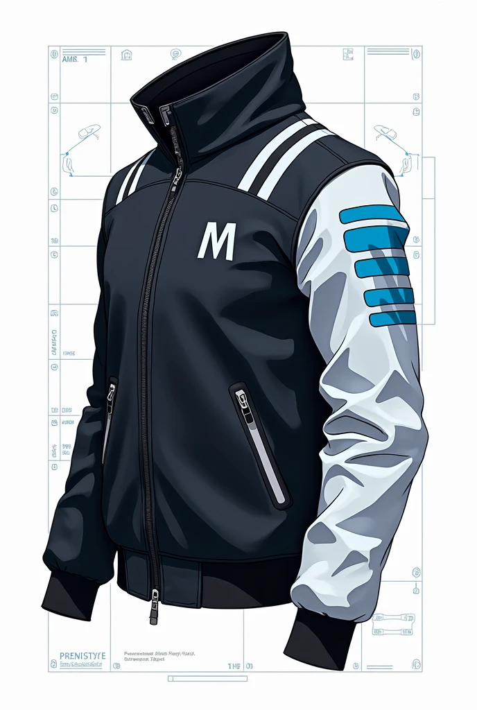 Design a futuristic jacket with a blueprint-style illustration. The jacket should have a high-tech, schematic appearance, highlighting geometric shapes and straight lines. Utilize a color scheme of 75% black, 10% blue, and 15% white. Make the right arm entirely white with a few blue stripes, and place the letter 'M' prominently on the shoulder. Include both front and back views, ensuring the collar is high and structured. This design should resemble a technical drawing, with attention to detail and a clean, flat aesthetic