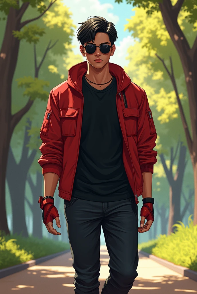 Book Cover Description for "Calvin Space: Entre Destinos e Conquistas":

Main Character: Lucas de Dragon is an 1 young man with light brown skin. He has a scar on his left eye that resembles a scratch, and his bangs are combed to the right. Lucas is wearing a black T-shirt, a long-sleeved red jacket, black pants, red shoes, and dark sunglasses. He also wears fingerless gloves. His expression is calm and enigmatic.

Background: The cover's background features a sunny and beautiful park.