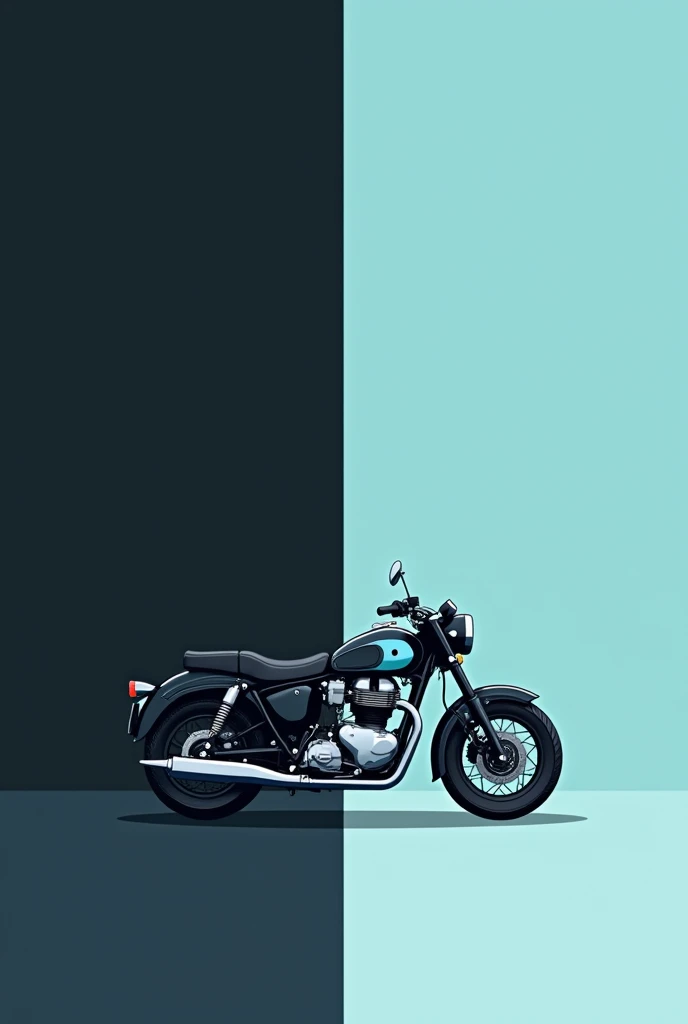 I want an image of a motorcycle in minimalist style, divided vertically into two colors. The motorcycle must be black vintage style with light blue details., and the background should be divided into black on the left and light blue on the right. The illustration must have a flat and simplified design, without realistic details or much relief