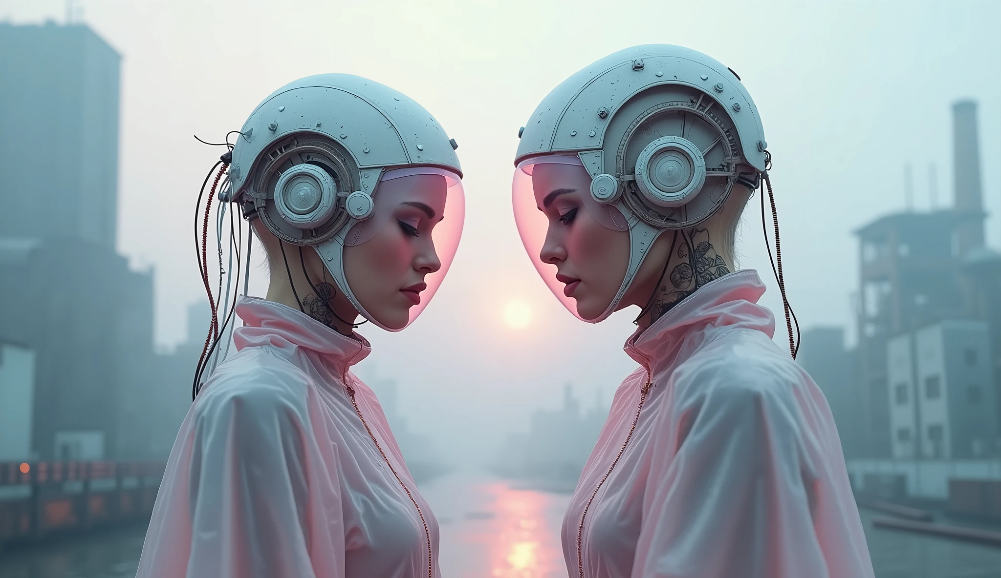 (masterpiece:1.2, Exceptional Quality, mirror-like, Cinematic Experience, Photorealistic:2.0, RAW Photos:2.0, Super detailed), 8k, 16:9, wallpaper, (Surrealistic cyberpunk atmosphere:2.0), two figures wearing translucent, pastel-colored outfits, (industrial, retro-futuristic helmets with exposed wires and delicate tubing:2.0), (foggy, dystopian cityscape in the background:2.0), (soft, diffused lighting:2.0) casting subtle shadows, (monochromatic color palette with muted pinks and blues:2.0), the scene is filled with a surreal blend of softness and harsh industrial elements, (ethereal and eerie atmosphere:2.0), (figures standing side by side with a sense of eerie calmness:2.0).