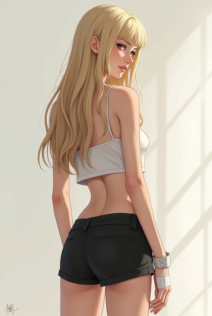 A beautiful slim girl with long blond hair. The girl is wearing short black shorts and a top. The girl has a bandaged hand. 