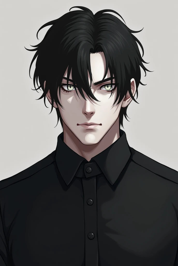 Boy with black hair is tall and serious, he is 2, he has white eyes, his gaze is dark and bright at the same time, he has white skin, he is looking straight ahead and has a serious face, he is affectionate and cold at the same time, digital illustration of video game characters, make it manly, he has a black shirt and is more manly, more of an adult man