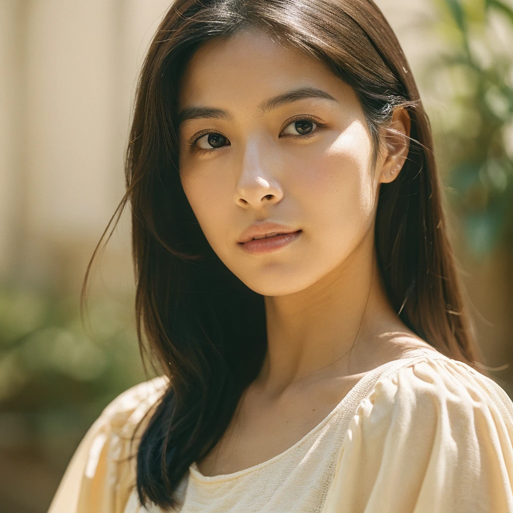 A hyper-realistic image of a single Japanese woman in her early 20s, captured with the nostalgic warmth and subtle graininess of a film camera, focusing on her upper body from the shoulders up. Her skin has a warm beige tone with a natural, slightly rough texture that includes visible pores, fine lines, and subtle imperfections such as small blemishes, adding to the authenticity of her appearance. The soft, diffused natural light enhances the film-like quality, casting gentle shadows across her face and shoulders to create a timeless, organic feel. Her straight, glossy black hair frames her face in a natural, slightly tousled manner, and her deep brown eyes reflect the ambient light, adding depth and emotion. The film camera effect introduces a slight grain and a softer focus, giving the image a warm, nostalgic atmosphere while maintaining the realistic texture of her skin. She is dressed in a simple, elegant top that complements her natural beauty, with the overall composition designed to evoke a sense of genuine, understated elegance. The use of natural light, combined with the deliberately rougher texture of her skin and the film-like qualities, ensures that this image captures the imperfections that make her beauty truly lifelike, focusing solely on this one individual from the shoulders up.