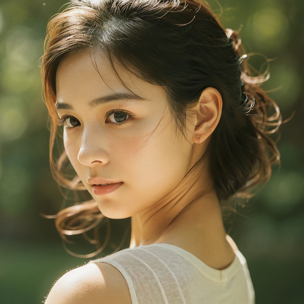 A hyper-realistic image of a single Japanese woman in her early 20s, captured with the nostalgic warmth and subtle graininess of a film camera, focusing on her upper body from the shoulders up. Her skin has a warm beige tone with a natural, slightly rough texture that includes visible pores, fine lines, and subtle imperfections such as small blemishes, adding to the authenticity of her appearance. The soft, diffused natural light enhances the film-like quality, casting gentle shadows across her face and shoulders to create a timeless, organic feel. Her straight, glossy black hair frames her face in a natural, slightly tousled manner, and her deep brown eyes reflect the ambient light, adding depth and emotion. The film camera effect introduces a slight grain and a softer focus, giving the image a warm, nostalgic atmosphere while maintaining the realistic texture of her skin. She is dressed in a simple, elegant top that complements her natural beauty, with the overall composition designed to evoke a sense of genuine, understated elegance. The use of natural light, combined with the deliberately rougher texture of her skin and the film-like qualities, ensures that this image captures the imperfections that make her beauty truly lifelike, focusing solely on this one individual from the shoulders up.