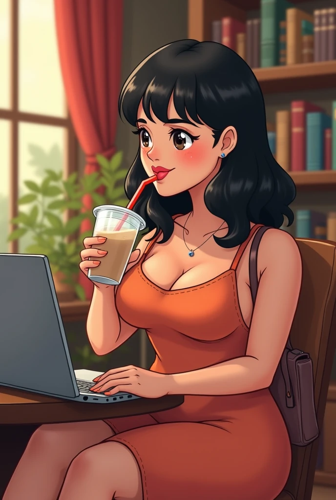 Create an image of chubby latina woman with shoulder length hair with bangs sipping boba tea in cute Library in background with side profile in cute modest dress and full profile pointed Toe heels brown bag in side laptop in front small mongoloid eyes nose ring in left
With title missy spills the tea