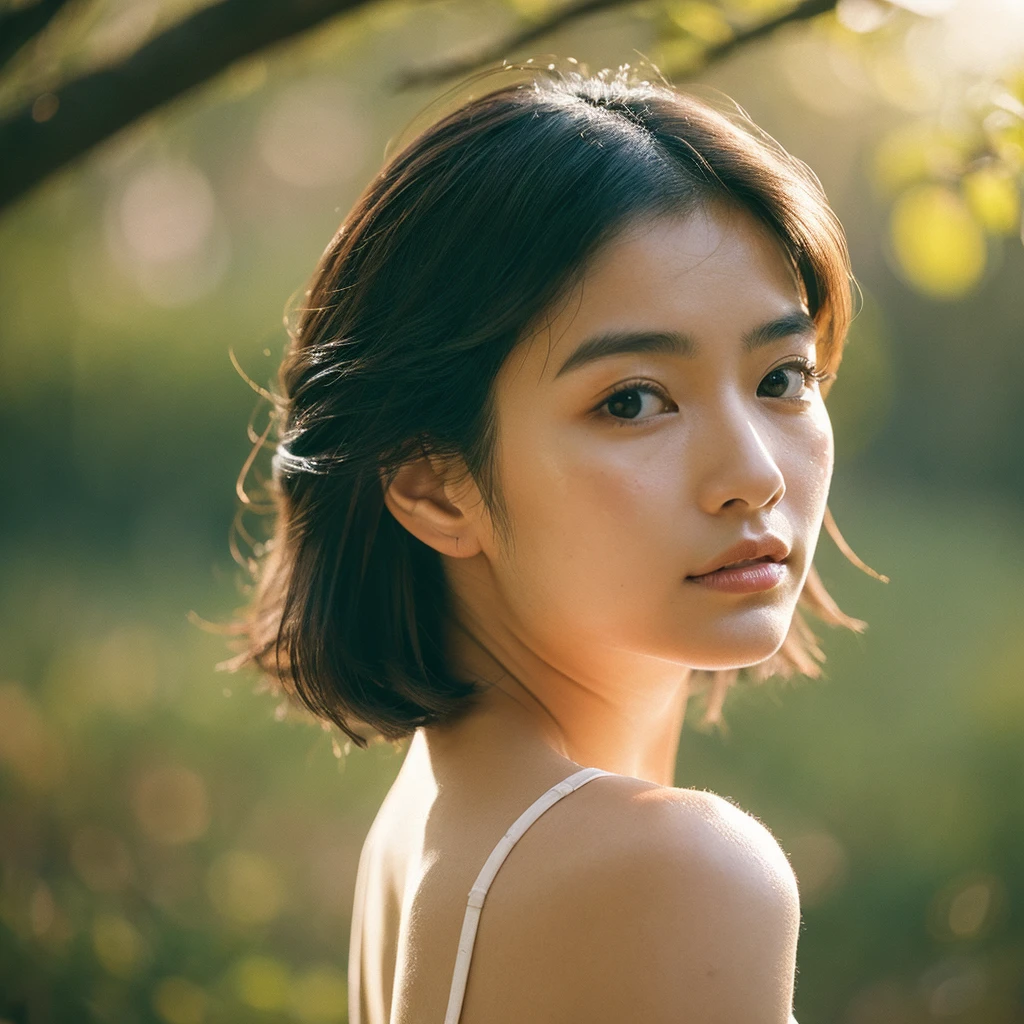 A hyper-realistic image of a single Japanese woman in her early 20s, captured with the nostalgic warmth and subtle graininess of a film camera, focusing on her upper body from the shoulders up. Her skin has a warm beige tone with a natural, slightly rough texture that includes visible pores, fine lines, and subtle imperfections such as small blemishes, adding to the authenticity of her appearance. The soft, diffused natural light enhances the film-like quality, casting gentle shadows across her face and shoulders to create a timeless, organic feel. Her straight, glossy black hair frames her face in a natural, slightly tousled manner, and her deep brown eyes reflect the ambient light, adding depth and emotion. The film camera effect introduces a slight grain and a softer focus, giving the image a warm, nostalgic atmosphere while maintaining the realistic texture of her skin. She is dressed in a simple, elegant top that complements her natural beauty, with the overall composition designed to evoke a sense of genuine, understated elegance. The use of natural light, combined with the deliberately rougher texture of her skin and the film-like qualities, ensures that this image captures the imperfections that make her beauty truly lifelike, focusing solely on this one individual from the shoulders up.