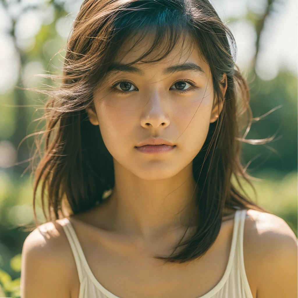 A hyper-realistic image of a single Japanese woman in her early 20s, captured with the nostalgic warmth and subtle graininess of a film camera, focusing on her upper body from the shoulders up. Her skin has a warm beige tone with a natural, slightly rough texture that includes visible pores, fine lines, and subtle imperfections such as small blemishes, adding to the authenticity of her appearance. The soft, diffused natural light enhances the film-like quality, casting gentle shadows across her face and shoulders to create a timeless, organic feel. Her straight, glossy black hair frames her face in a natural, slightly tousled manner, and her deep brown eyes reflect the ambient light, adding depth and emotion. The film camera effect introduces a slight grain and a softer focus, giving the image a warm, nostalgic atmosphere while maintaining the realistic texture of her skin. She is dressed in a simple, elegant top that complements her natural beauty, with the overall composition designed to evoke a sense of genuine, understated elegance. The use of natural light, combined with the deliberately rougher texture of her skin and the film-like qualities, ensures that this image captures the imperfections that make her beauty truly lifelike, focusing solely on this one individual from the shoulders up.