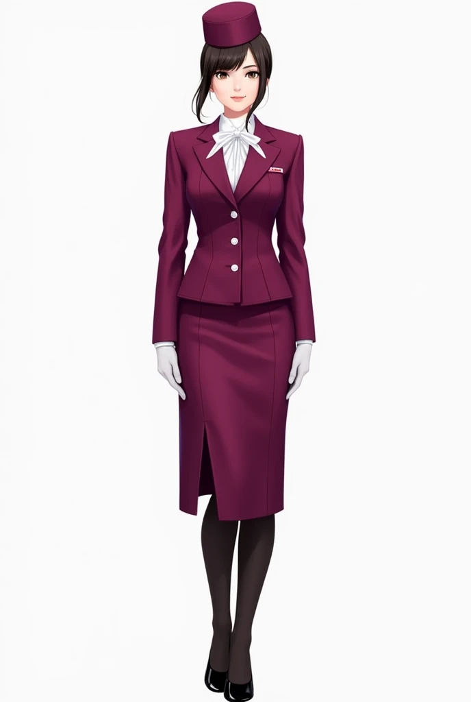 Uniform for stewardess with long-sleeved blazer and skirt with slit on the left leg in magenta and white colors, white gloves, black tights and black heels with hat and scarf
