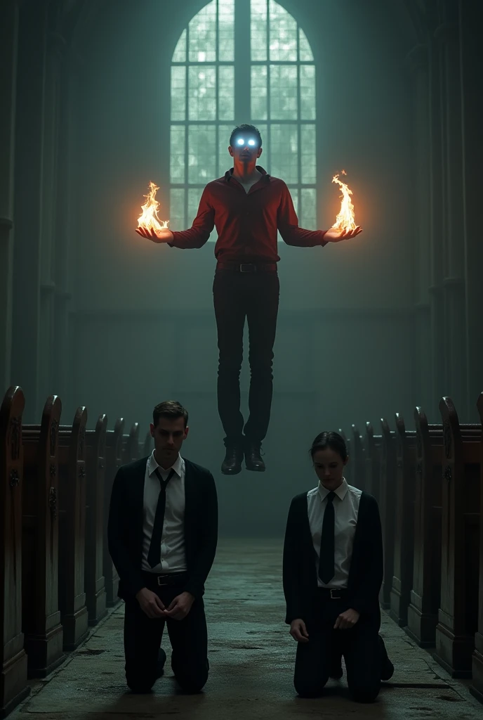 In a dark church a man wearing burgundy shirt and he is levitating in the air.his eyes are white, His hands are open, and there are flames in his hands. Wooden planks are nailed to windows, and a faint light coming through windows creates a backlight effect. In front of the man, there is a kneeling another man and woman, both pleading. They are wearing white shirts, black ties and black cardigans, dark ambiance, movie scene, hyperrealistic, photography, detailed 
