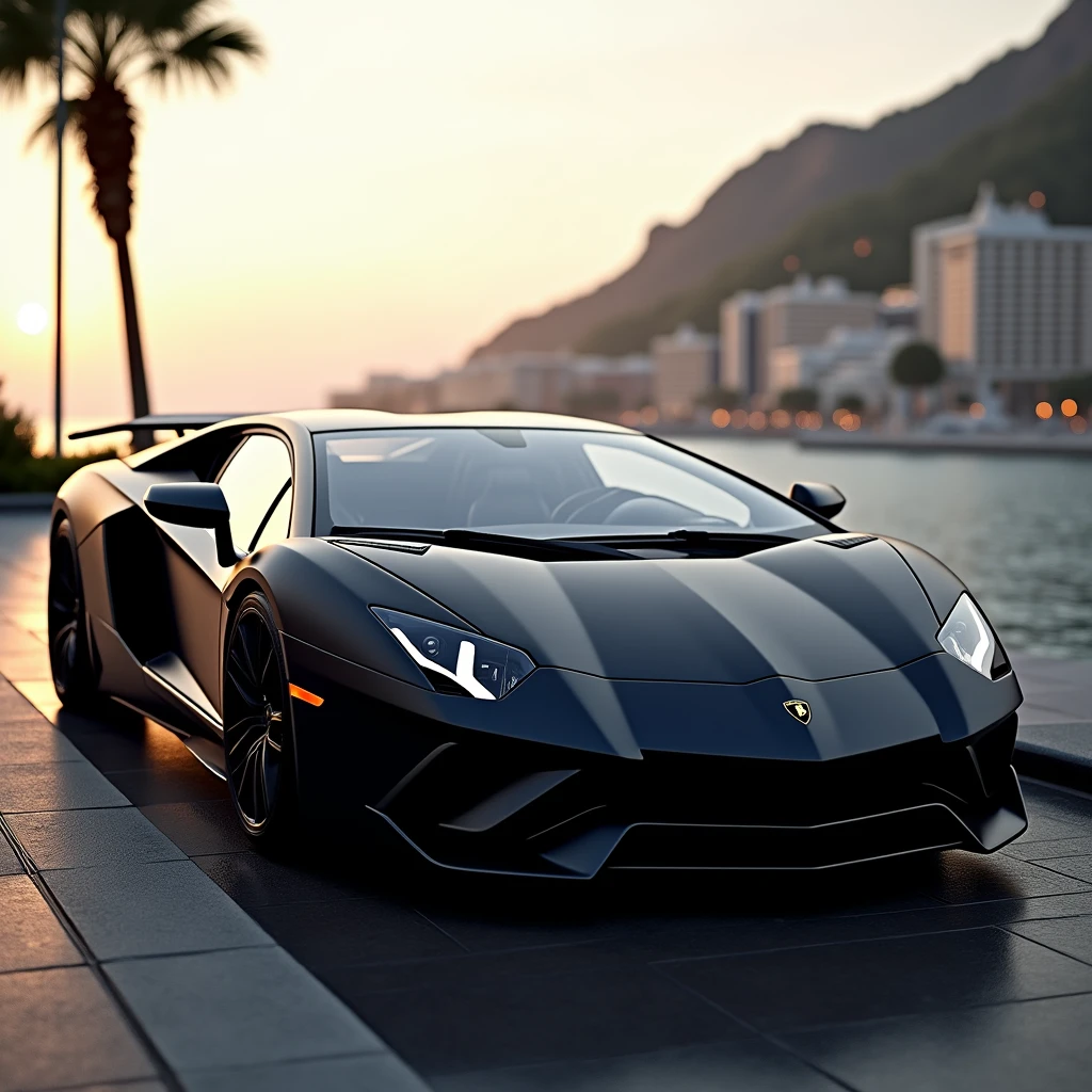 Matt black Lamborghini parked in Montecarlo in evening,
