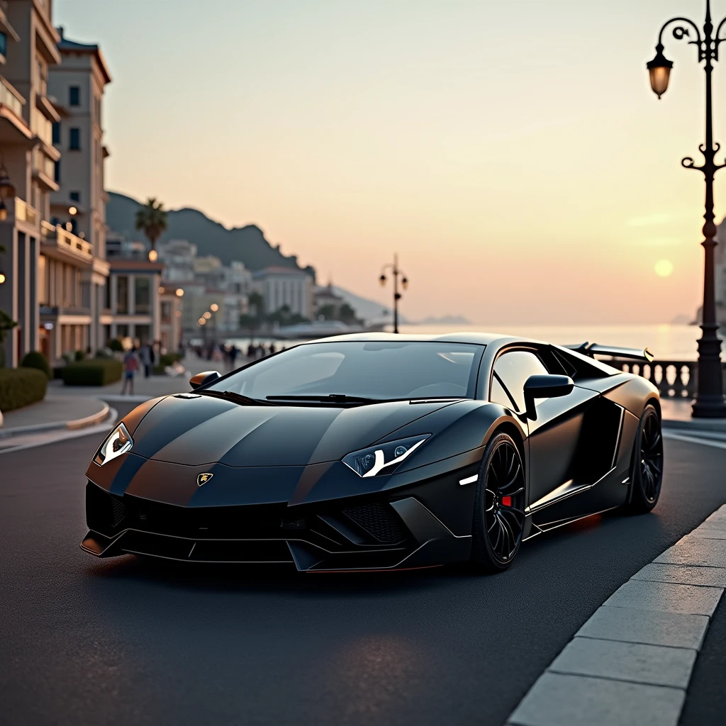 Matt black Lamborghini parked in Montecarlo in evening,