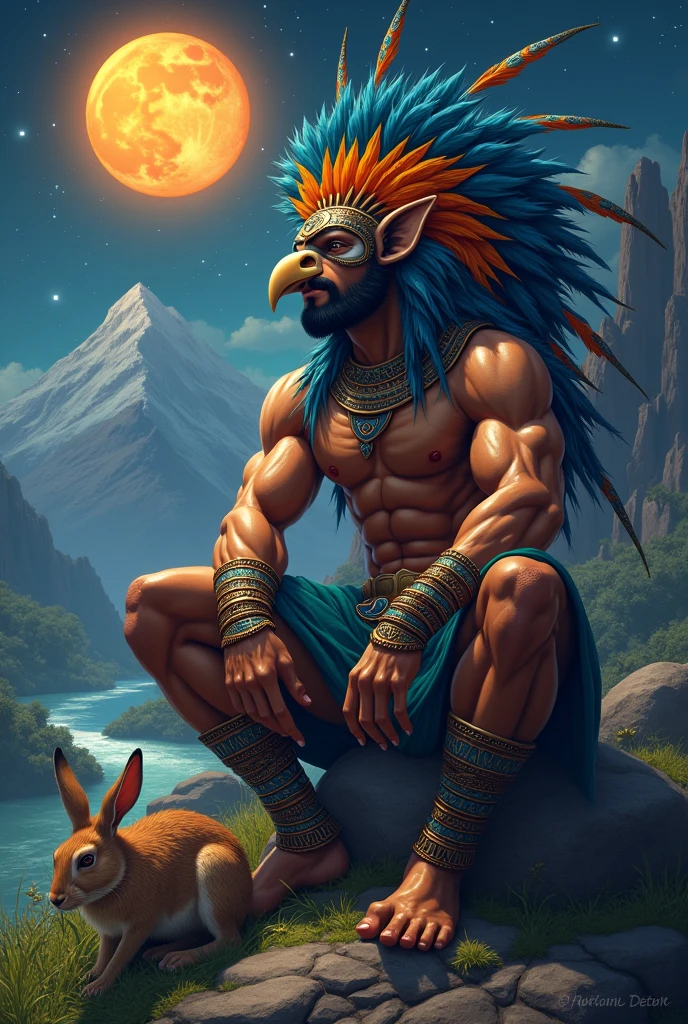 Make the god Quetzalcoatl a human with a crest covering his eyes and with orange and blue feathers., Also, he has a short beard , her brown skin, with a muscular body and an Aztec bracelet on each arm resting on a rock at night with bright stars , and an orange moon and a mountain and river in the background talking to a rabbit that is eating grass