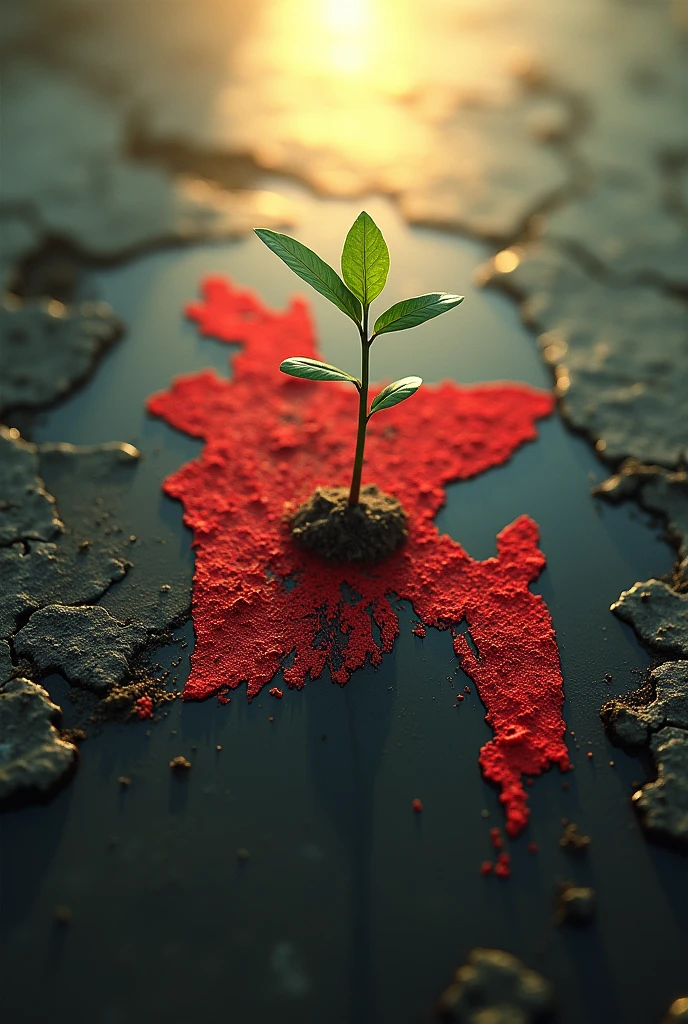 From the left side, the bloody map of Bangladesh is covered with blood on a sapling in the middle of the picture, and on the right, sunlight is falling on the sapling.