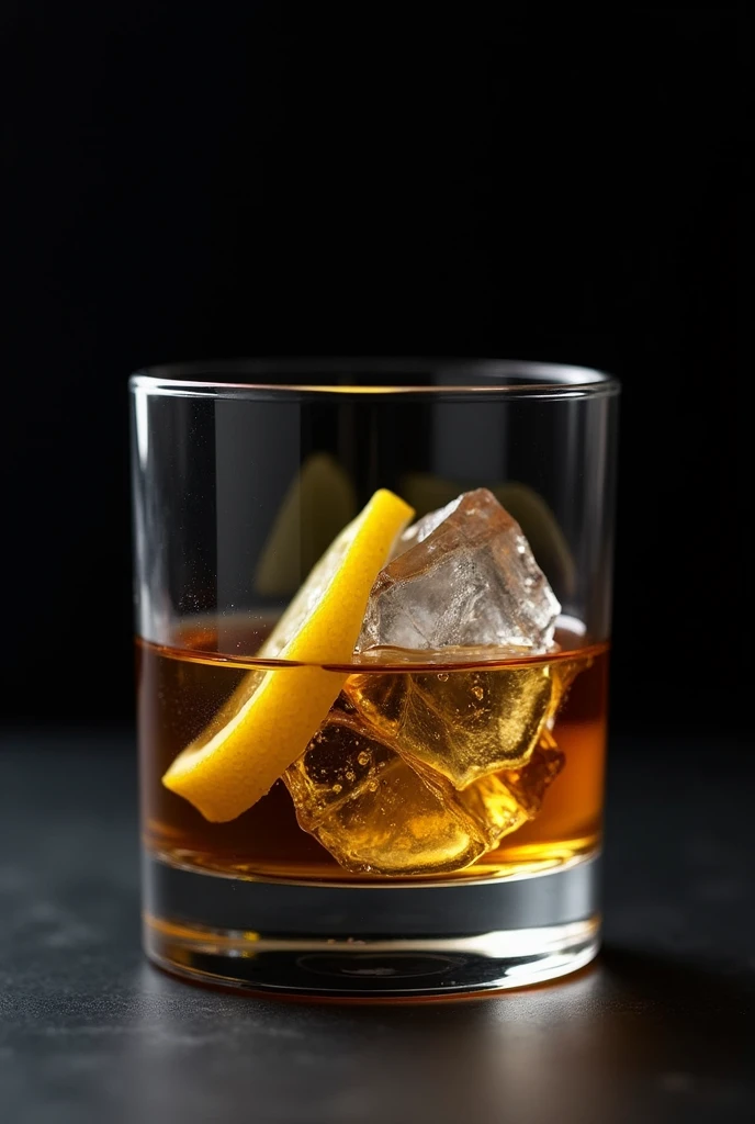 Whiskey glass with ice and lemon on black background that looks elegant
