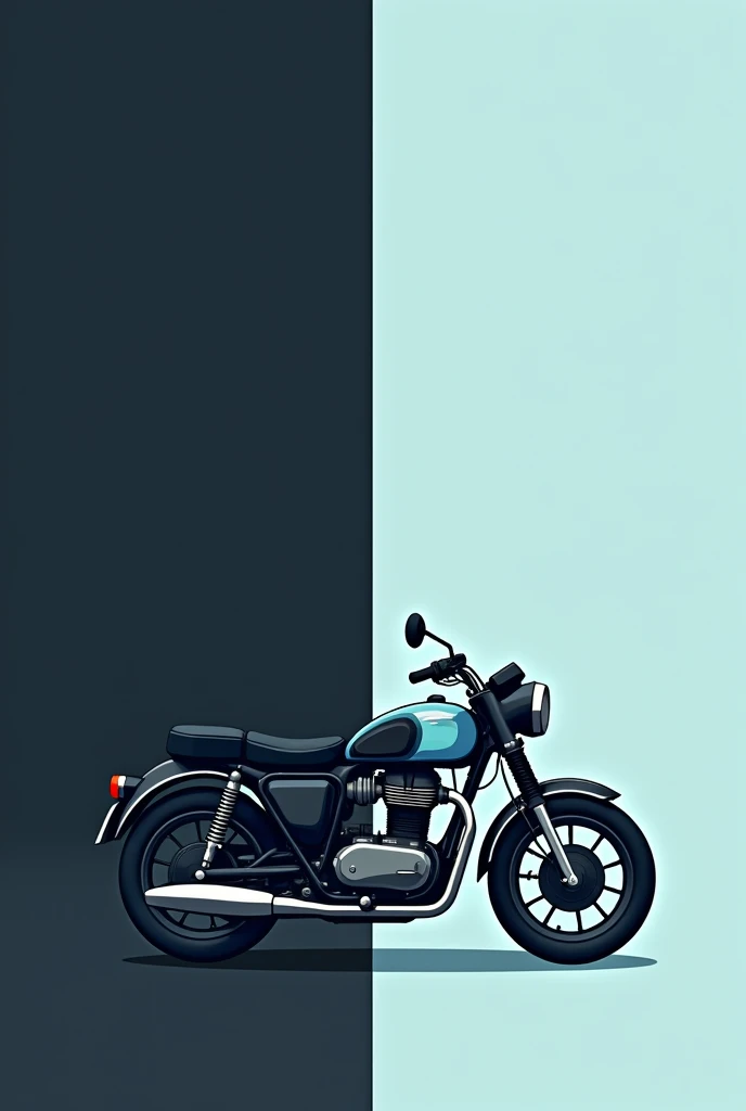 I want an image of a motorcycle in minimalist style, divided vertically into two colors. The motorcycle must be black vintage style with light blue details., and the background should be divided into black on the left and light blue on the right. The illustration must have a flat and simplified design, without realistic details or much relief
