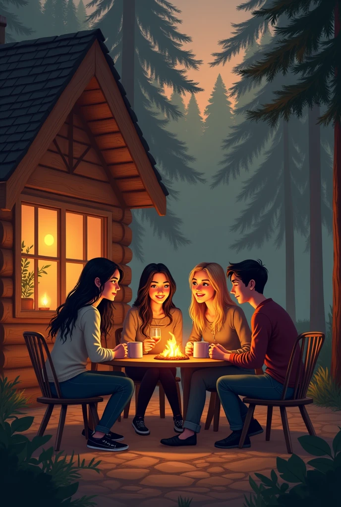 Group of 4 senior college friends. Two women; the blonde woman and the other with black hair and two men. In the cabin that is in the forest in the evening
