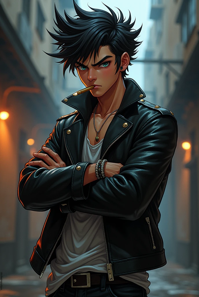 Teenage boy with logan hair smoking cigar with arms crossed wearing anime style leather jacket