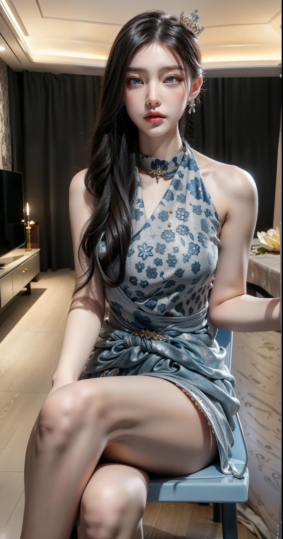 Royal sisters,Exquisite eyes,Frozen Queen,Put the crown on your head,Detailed facial expressions body,Tall and big,Glamorous characters,Leg length,4K,HD,Sensual,White translucent lace,白皙full image,Little cherry mouth,Beautiful and lovely,full image,Glossy Gel Coat,Vampire Queen in luxurious robes,Have a tattoo(Intricate tattoo designs),Ice Princess,Rich facial details,Angel,Eyes are blue(Pupils as deep as the starry sky),Silk printed clothes,Gold Jewelry,Wearing black pantyhose sitting on a chair